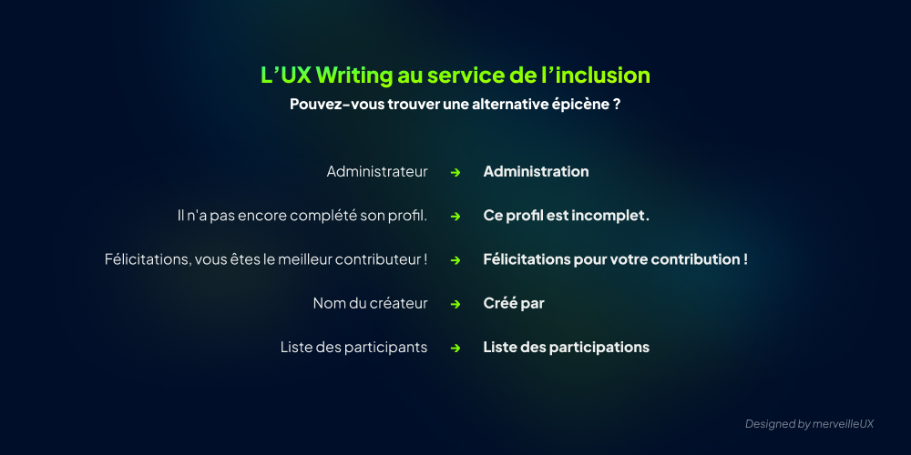 Exemples de réécriture UX pour un langage inclusif : Administrateur devient Administration, une phrase genrée devient neutre.