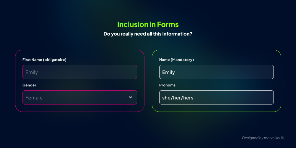 Comparison of forms: a non-inclusive form with mandatory salutation vs. an inclusive form with a pronouns field.