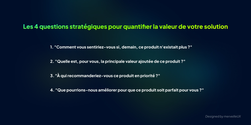 Résumé des quatre questions clés pour tester la valeur d'un produit et le product-market fit.