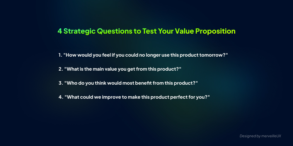 Infographic listing the 4 strategic questions to validate product-market fit: 1. How would you feel if the product no longer existed? 2. What is its main value proposition? 3. Who would you recommend it to? 4. What could we improve?