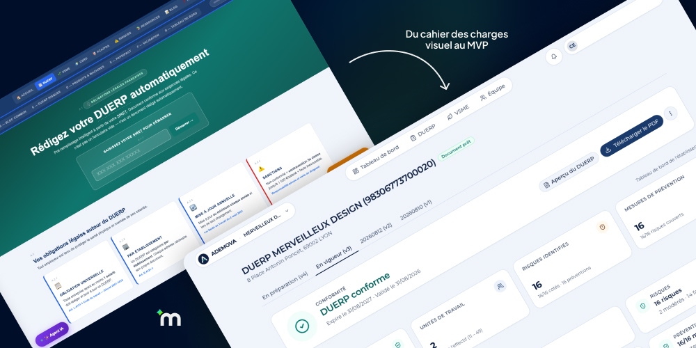 Comparaison ADEMOVA : maquette DUERP &agrave; gauche et &eacute;cran MVP conforme &agrave; droite, avec la mention du cahier des charges visuel au MVP