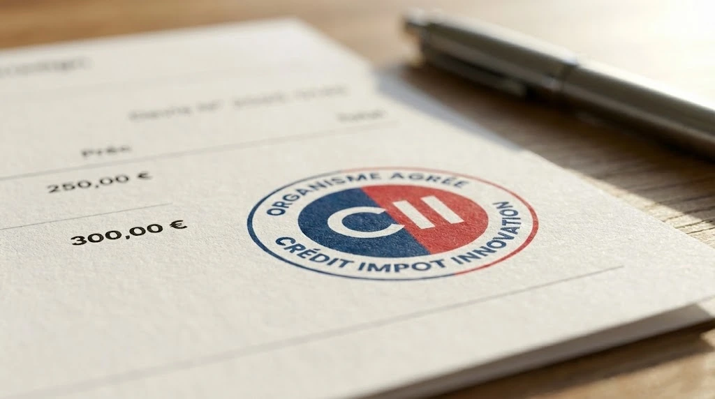 Gros plan sur un macaron Organisme Agréé CII (Crédit Impôt Innovation) visible sur un devis