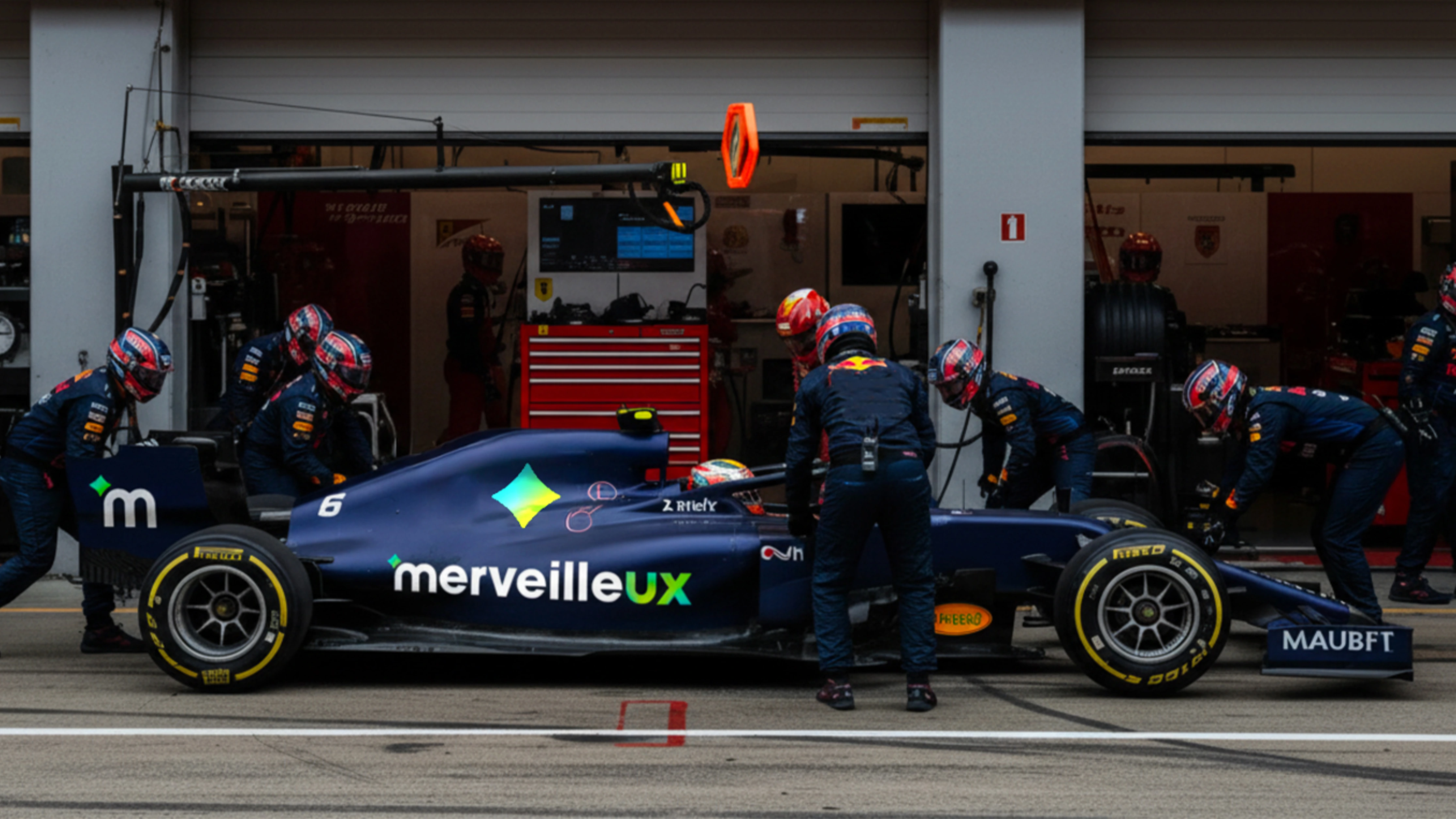 A Formula 1 pit stop seen from the side, symbolizing the efficiency and precision of Design Ops in accelerating a team's performance.