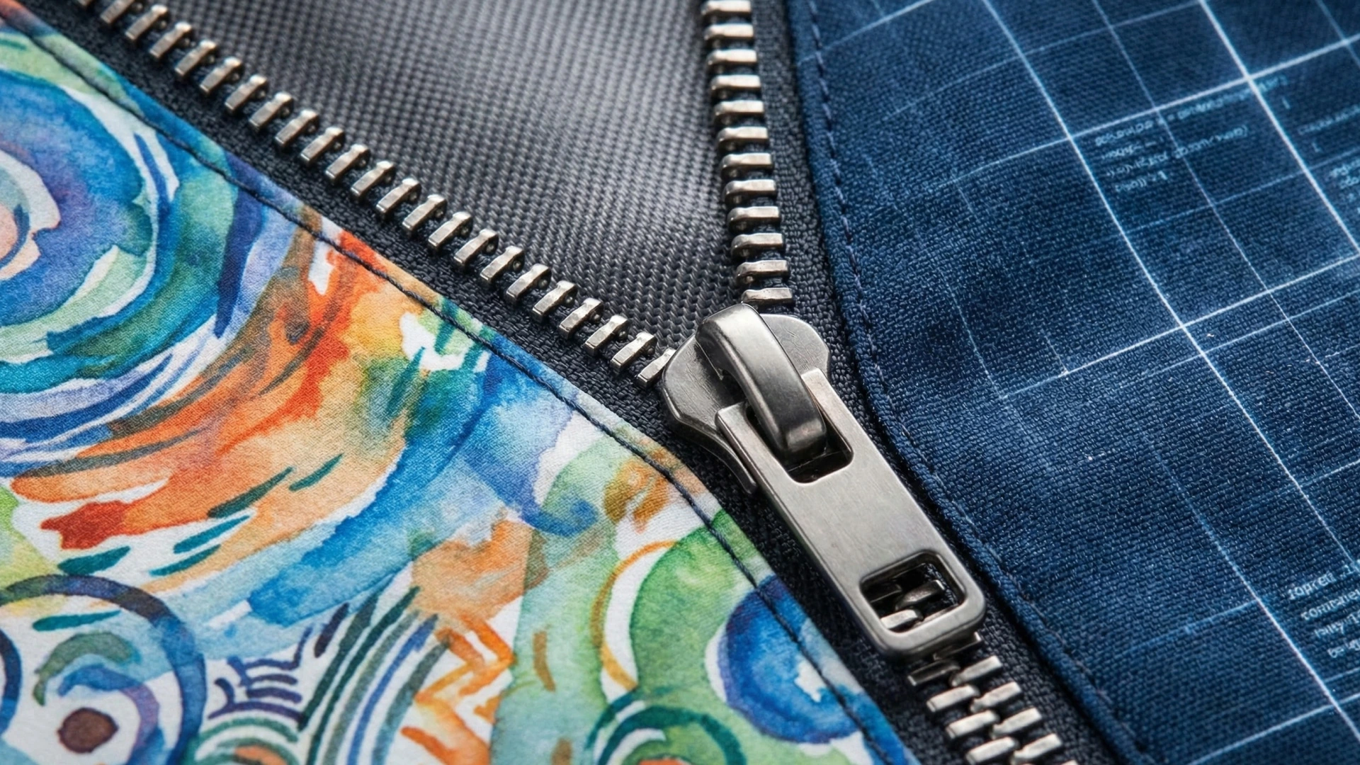 Close-up of a metal zipper joining two fabrics of different textures, symbolizing the fluid collaboration between design and development.