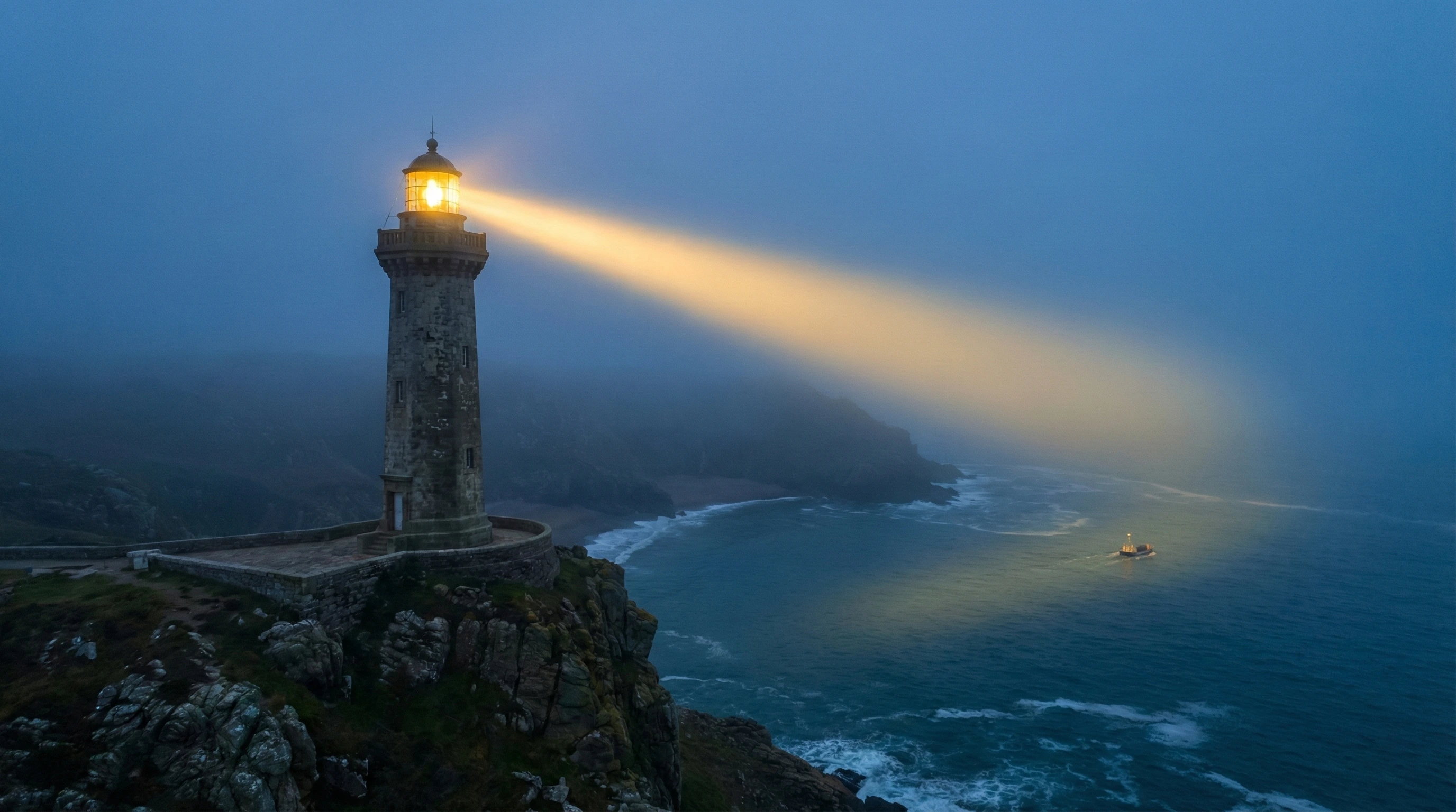 A majestic lighthouse guiding the way through thick mist, illustrating how Nielsen's heuristics illuminate the usability of a software interface.