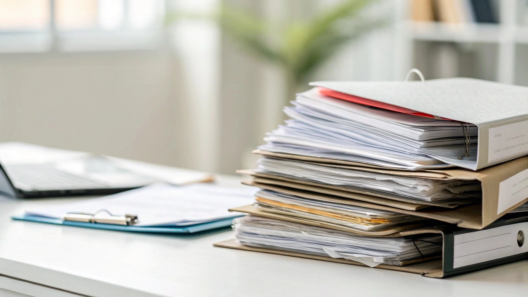 Stacks of files and papers piling up on a desk, symbolizing the technical debt.